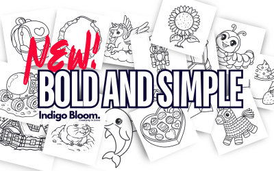 New Bold and Simple Coloring Book Series by Indigo Bloom - A collage of black and white coloring pages showcasing cute and easy designs.